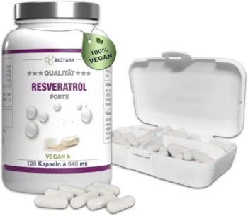 BIOTARY Resveratrol 120 Kapseln 500 mg, 4 Monate Vorrat, Inclusive Pillenbox, Laborgeprüft, Vegan, 98% Trans-Resveratrol aus japanischem Staudenknöterich Wurzel-Extrakt, Ohne Magnesiumstearat