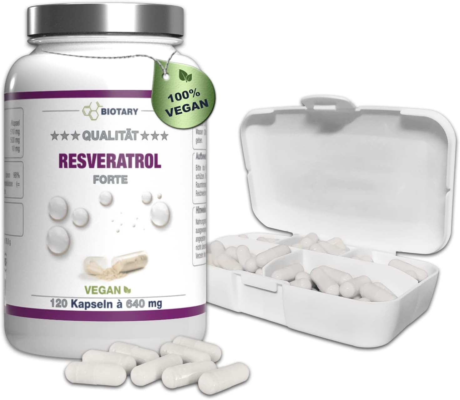 Produktbild von Bewertung BIOTARY Resveratrol 120 Kapseln 500 mg 4 Monate Vorrat Inclusive Pillenbox laborgeprüft vegan 98% Trans-Resveratrol aus japanischem Staudenknöterich Wurzel-Extrakt ohne Magnesiumstearat