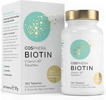 COSPHERA Biotin Tabletten Hochdosiert mit 10.000 mcg D-Biotin pro Tablette 365 vegane Tabletten im 1-Jahresvorrat für schöne Haare und Haut Vitamin B7 trägt zur Erhaltung normaler Haut und Haare bei