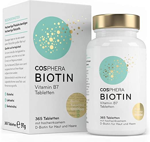 Produktbild von COSPHERA Biotin Tabletten Hochdosiert mit 10.000 mcg D-Biotin pro Tablette 365 vegane Tabletten im 1-Jahresvorrat für schöne Haare und Haut Vitamin B7 trägt zur Erhaltung normaler Haut und Haare bei