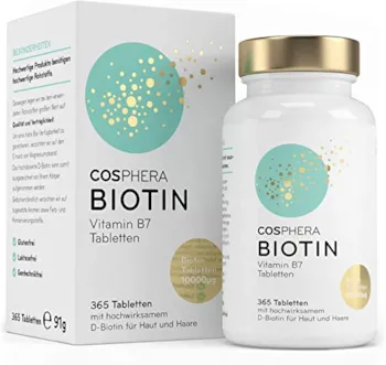 Produktbild von COSPHERA Biotin Tabletten Hochdosiert mit 10.000 mcg D-Biotin pro Tablette 365 vegane Tabletten im 1-Jahresvorrat für schöne Haare und Haut Vitamin B7 trägt zur Erhaltung normaler Haut und Haare bei