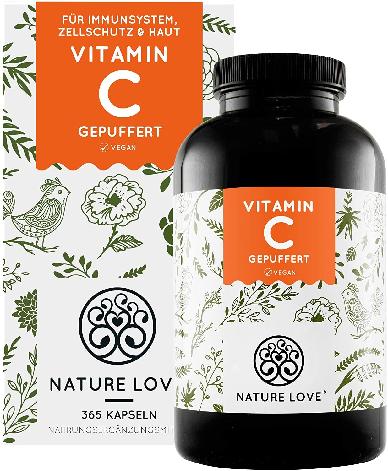 Produktbild von NATURE LOVE Gepuffertes Vitamin C Hochdosiert mit 1000mg Vitamin C je Tagesdosis 365 Kapseln pH-neutral und magenfreundlich Vegan