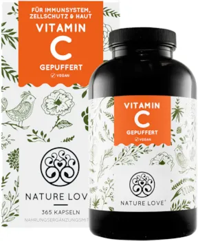 Produktbild von NATURE LOVE Gepuffertes Vitamin C Hochdosiert mit 1000mg Vitamin C je Tagesdosis 365 Kapseln pH-neutral und magenfreundlich Vegan