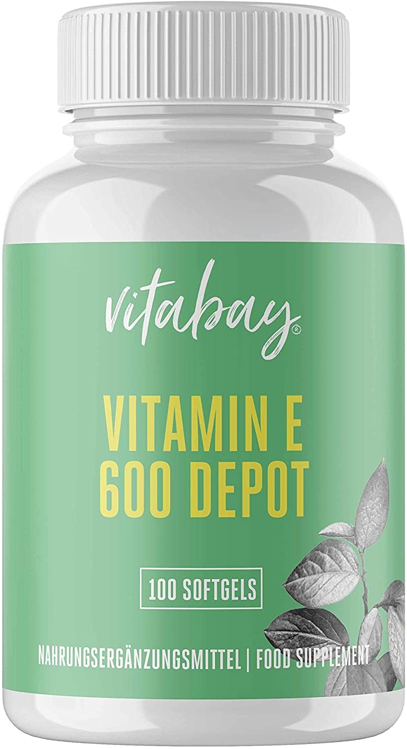 Produktbild von Vitabay Vitamin E 600 IE Depot • 100 vegane Softgels • D-Alpha Tocopherol • Aus reinem Sojabohnen-Öl hergestellt • Hochdosiert • Mit V-Gel Kapselhülle • Made in Germany