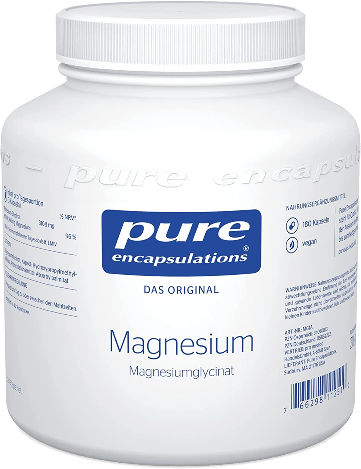 Produktbild von Bewertung Pure Encapsulations - Magnesiumglycinat - gebunden an die Aminosäure Glycin wird Magnesium gut aufgenommen und toleriert - 180 vegane Kapseln