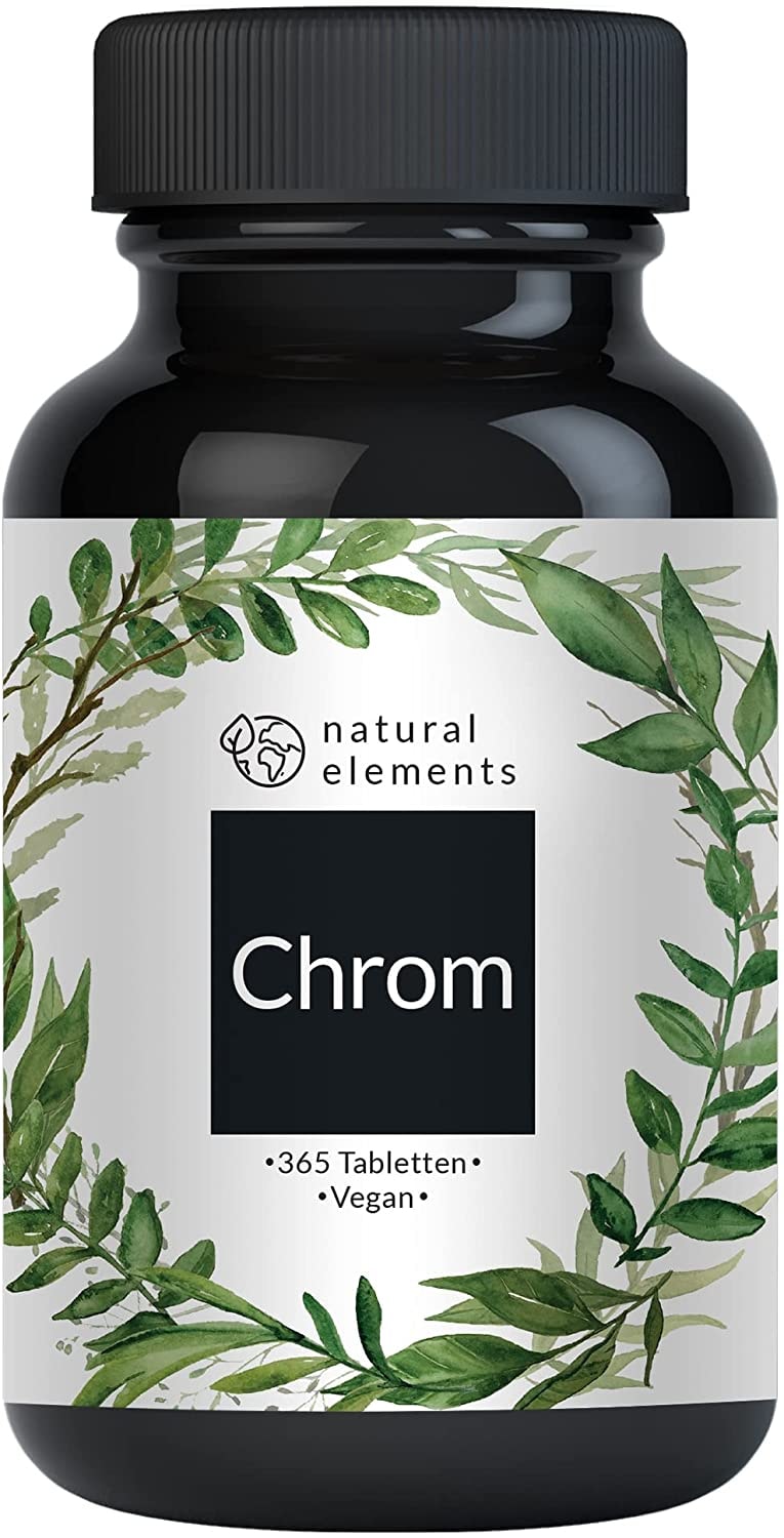 Produktbild von natural elements Chrom aus Chromium Picolinate hochdosierte 200 mcg Chrom pro Tablette 365 Tabletten vegan natürlich laborgeprüft hochdosiert in Deutschland produziert