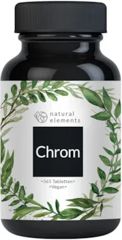 Produktbild von natural elements Chrom aus Chromium Picolinate hochdosierte 200 mcg Chrom pro Tablette 365 Tabletten vegan natürlich laborgeprüft hochdosiert in Deutschland produziert