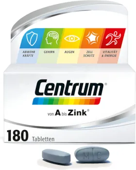 Produktbild von Centrum Von A bis Zink – Hochwertiges Nahrungsergänzungsmittel zur täglichen Komplettversorgung mit Mikronährstoffen – Multivitamine, Mineralstoffe, Spurenelemente – 1 x 180 Tabletten