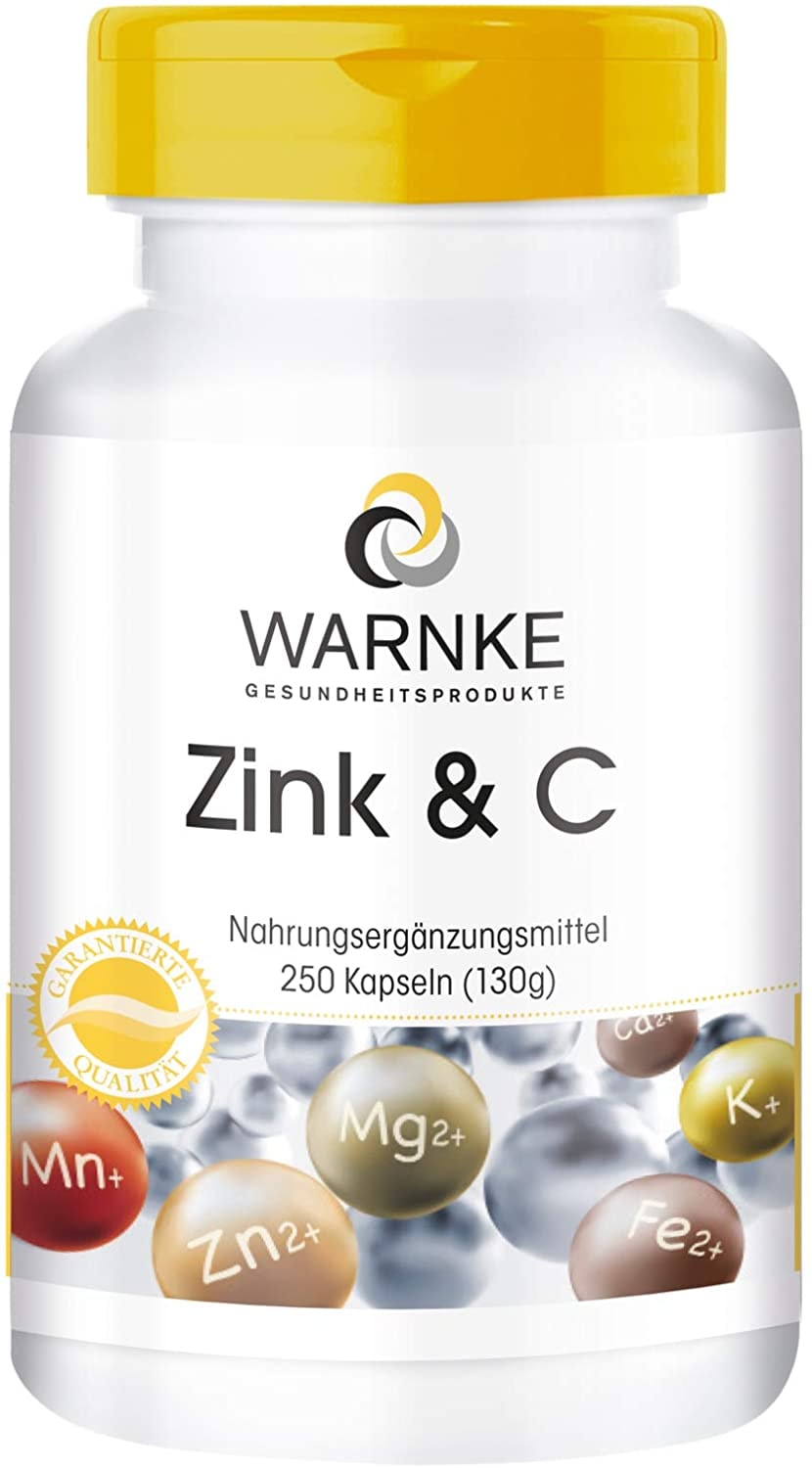 Produktbild von WARNKE VITALSTOFFE  Zink + Vitamin C 300mg Vitamin C und 5mg Zink pro Kapsel vegan & hochdosiert 250 Kapseln - Großpackung