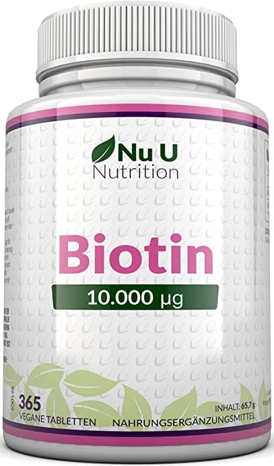 Produktbild von Nu U Nutrition Biotin hochdosiert 10.000 mcg - für Haar-Wachstum, kräftige Nägel & gesunde Haut - volle Jahresversorgung - 365 Tabletten - Nahrungsergänzungsmittel von Nu U Nutrition