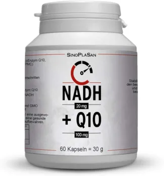 Sinoplasan NADH (Panmol®) 20 mg Coenzym Q10 100 mg Kapseln 60 Kapseln Coenzym 1 (NADH) & Coenzym Q10 Kombiprodukt, laktosefrei, OHNE Magnesiumstearat