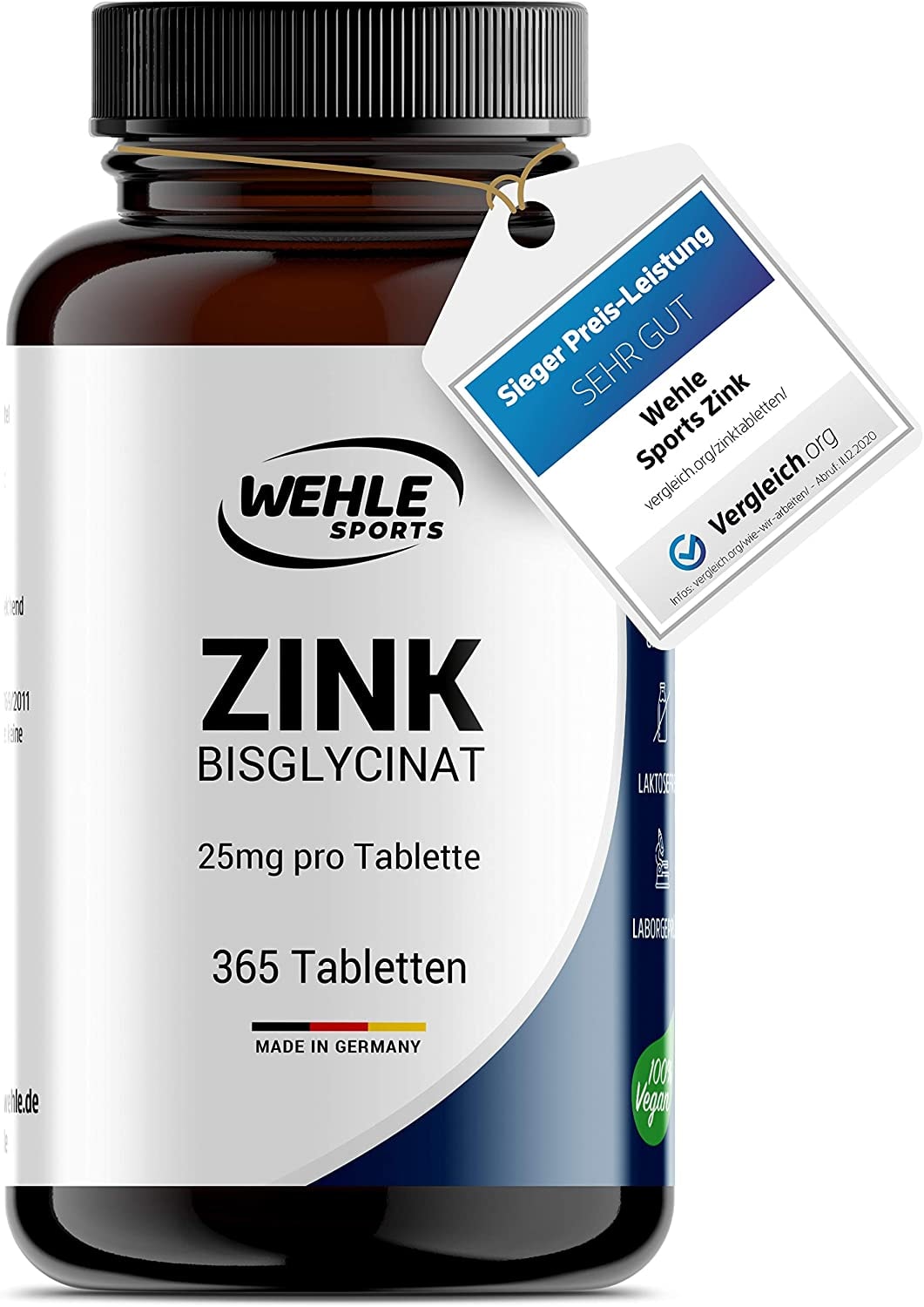 Produktbild von Wehle Sports Zink Tabletten 365 hochdosiert (25mg pro Tablette) Mehrfacher Preis-Leistungs Sieger 2020* - Premium Zinc Bisglycinat - Laborgeprüft, Vegan, hergestellt in DE