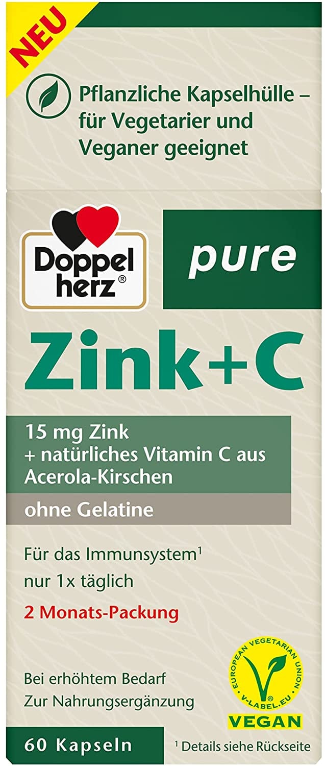 Produktbild von Bewertung Doppelherz pure Zink + C – Vitamin C und Zink leisten einen Beitrag für die normale Funktion des Immunsystems – 60 vegane Kapseln