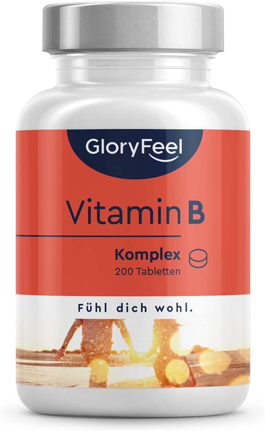 Produktbild von GloryFeel Vitamin B Komplex mit B12 - Alle 8 B-Vitamine in einer Tablette - 200 vegane Tabletten (7 Monate) - Laborgeprüft, hochdosiert und ohne Zusätze in Deutschland hergestellt