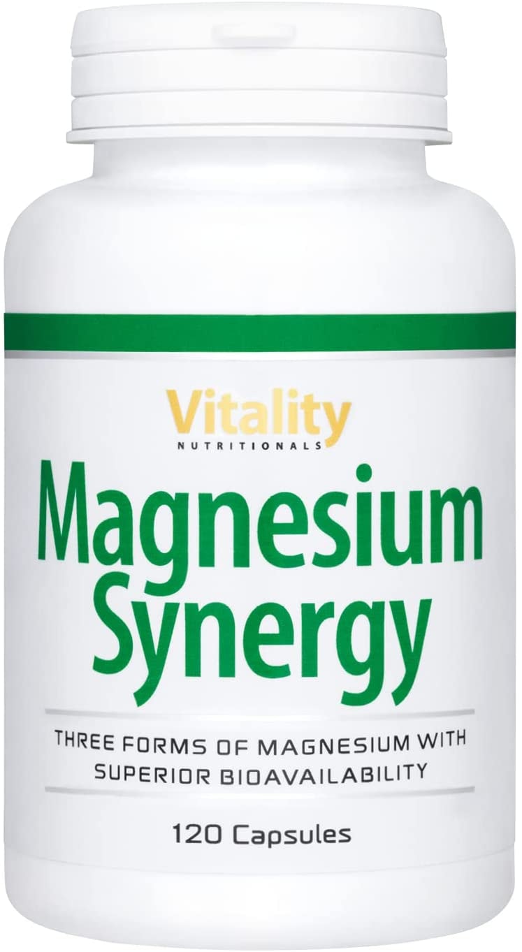 Produktbild von Vitality Nutritionals - Magnesium Kapseln Hochdosiert 300 mg I 3-Fach Power: Magnesium Glycinat, Malat und Citrat I mit Vitamin B6 I Muskeln Energie Stoffwechsel I Magnesium Synergy I Vitality Nutritionals by VitaminExpress