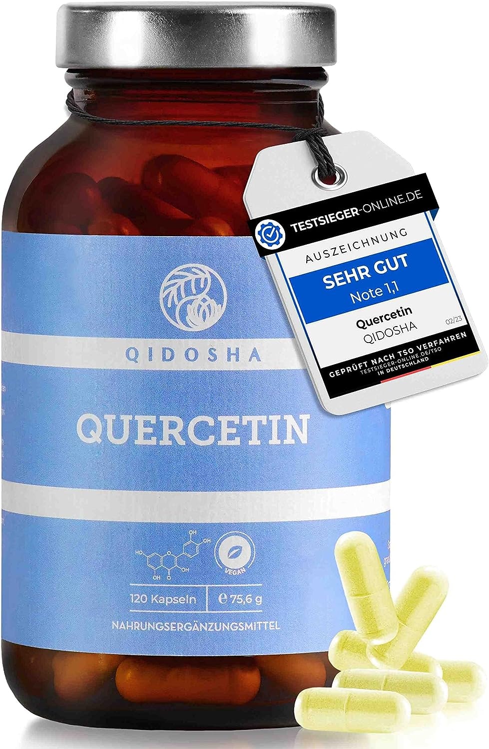 Produktbild von Bewertung QIDOSHA Quercetin Kapseln hochdosiert TESTSIEGER 02/23 120 Stk/Glas 500mg reines Quercetin je Kapsel, Quercetin-Menge durch externes Labor testiert, deutsche Fertigung