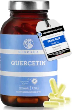 Produktbild von Bewertung QIDOSHA Quercetin Kapseln hochdosiert TESTSIEGER 02/23 120 Stk/Glas 500mg reines Quercetin je Kapsel, Quercetin-Menge durch externes Labor testiert, deutsche Fertigung