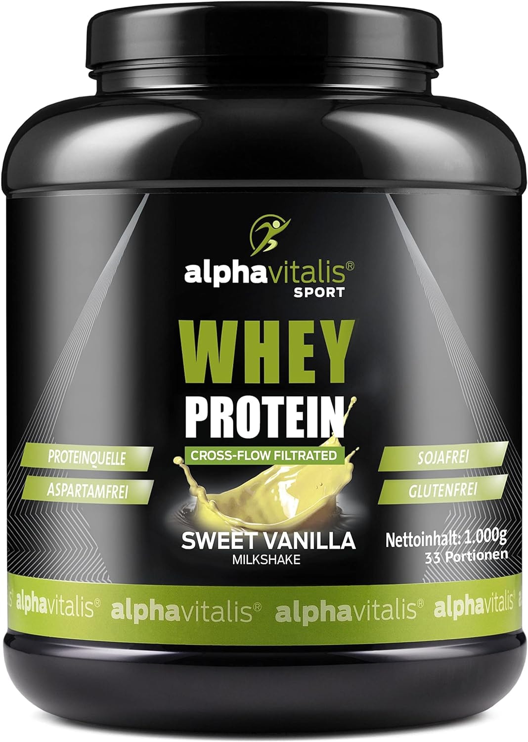 Produktbild von Bewertung alphavitalis Whey Protein Pulver Eiweißpulver für Proteinshakes Kraftsport und Fitness WPC Whey Konzentrat cross flow mikrofiltiert CFM 1000g