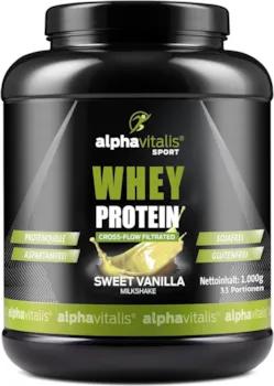 Produktbild von Bewertung alphavitalis Whey Protein Pulver Eiweißpulver für Proteinshakes Kraftsport und Fitness WPC Whey Konzentrat cross flow mikrofiltiert CFM 1000g