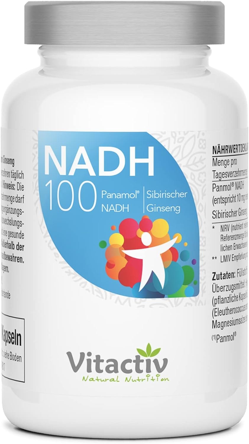 Produktbild von Bewertung Vitactiv Natural Nutrition NADH 100 Ginseng Für normale Psychische und Physische Vitalität Biologisch Aktives PANMOL® NADH plus Sibirischer Ginseng Stabilisiertes NADH Vegan 60 Kapseln Magensaftresistent