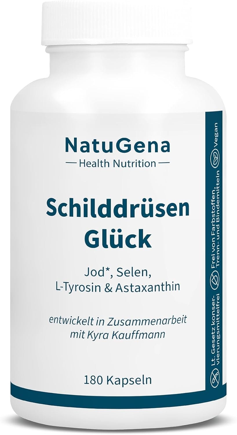 Produktbild von Bewertung NatuGena SchilddrüsenGlück 250 μg Jod 100 μg Selen 250 mg L Tyrosin & 1 mg Astaxanthin pro Kapsel 180 Kapseln 6 Monats Packung