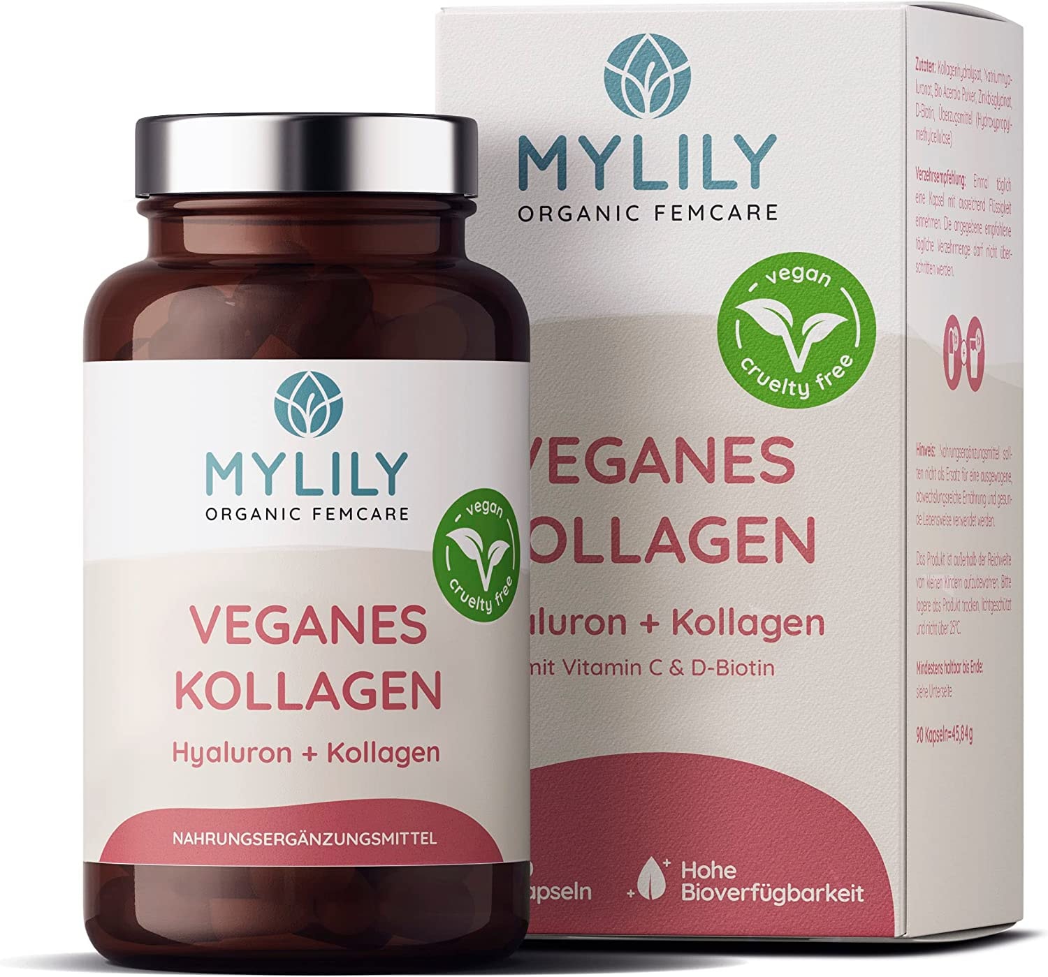 Produktbild von Bewertung MYLILY® Veganes Kollagen Hyaluron Kapseln hochdosiert veganes Kollagen, Hyaluron, Bio Acerola, Zink & Vitamin B7 | Natürlich & Vegan | 90 Kapseln