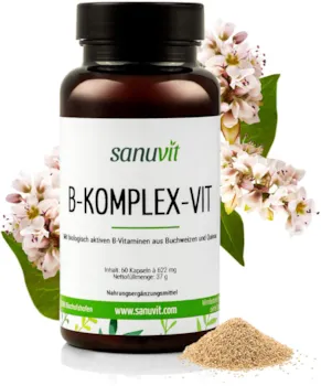 Produktbild von Sanuvit B-Komplex-Vit 60 Kapseln mit allen 8 B-Vitaminen aus pflanzlichen Quellen in bioaktiven Formen
