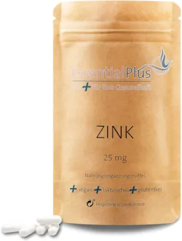 Produktbild von Essential Plus Zink 25mg - 90 Tage mit 25 mg Zink-Bisglycinat, vegan, elementares Zink, Premium Qualität, für Immunsystem*, Haare*, Haut*, Nägel*, Konzentration*, Stoffwechsel*, laborgeprüft
