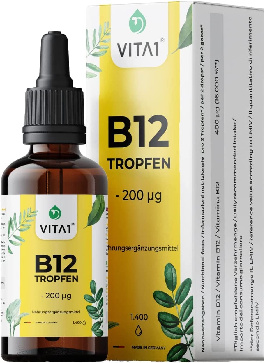 VITA 1 - Vitamin B12 Tropfen alkoholfrei - Methylcobalamin Flüssig 50ml 200mcg Hochdosiertes Vitamin B12, 100 % vegan und frei von Gluten, Laktose und Soja Hochwertige Inhaltsstoffe