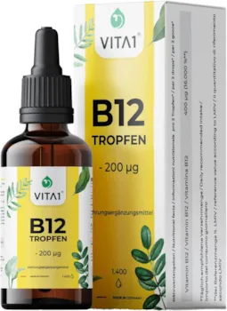Produktbild von VITA 1 Vitamin B12 Tropfen alkoholfrei Methylcobalamin Flüssig 50ml 200mcg Hochdosiertes Vitamin B12 100 % vegan und frei von Gluten Laktose und Soja Hochwertige Inhaltsstoffe