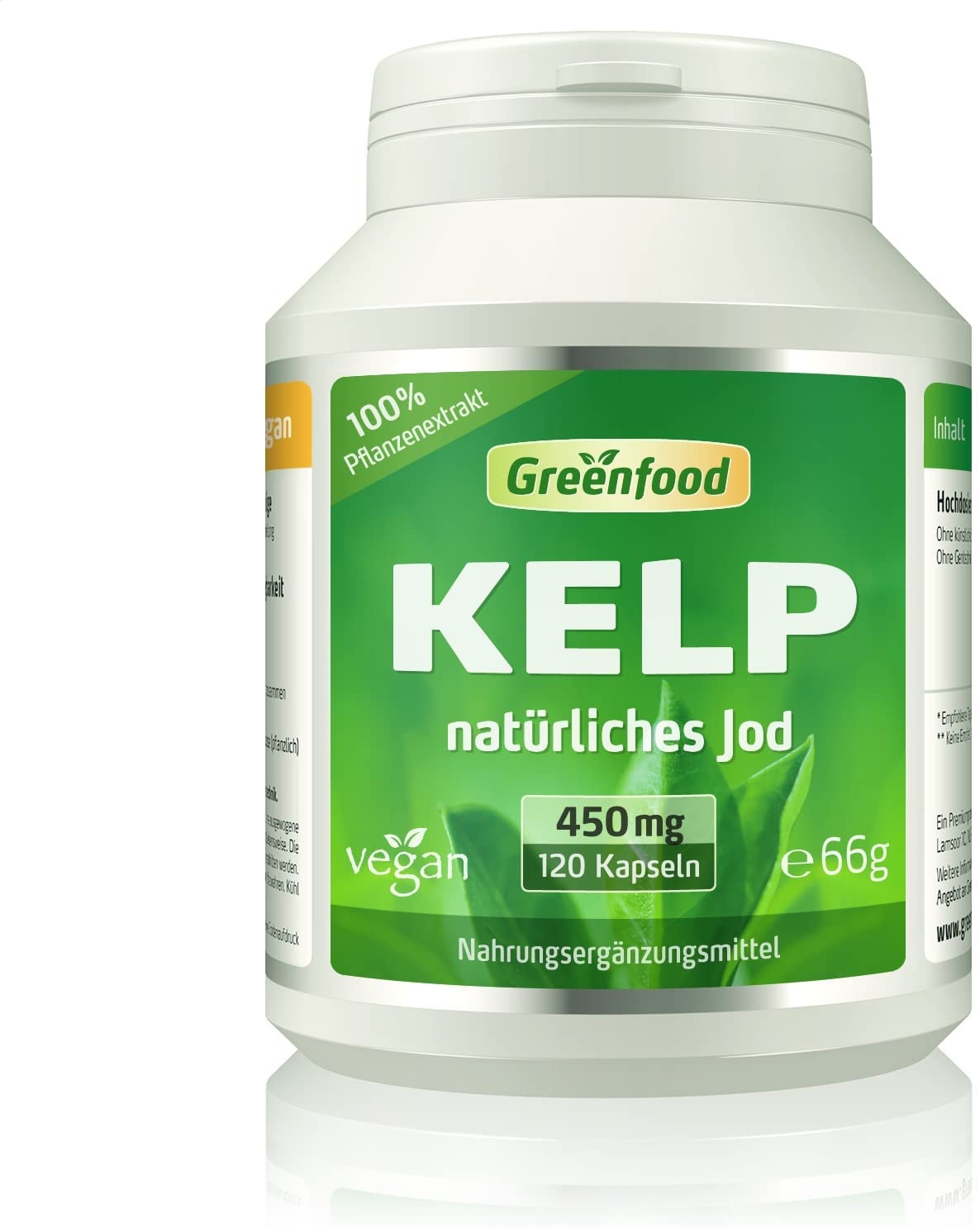 Produktbild von Greenfood Kelp, 450 mg, 120 Vegi-Kapseln  natürliches Jod (100% Tagesbedarf) aus der Braunalge. Wichtig für Schilddrüse, Hormonhaushalt und Nervensystem. OHNE künstliche Zusätze, ohne Gentechnik. Vegan.