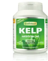 Produktbild von Greenfood Kelp, 450 mg, 120 Vegi-Kapseln  natürliches Jod (100% Tagesbedarf) aus der Braunalge. Wichtig für Schilddrüse, Hormonhaushalt und Nervensystem. OHNE künstliche Zusätze, ohne Gentechnik. Vegan.