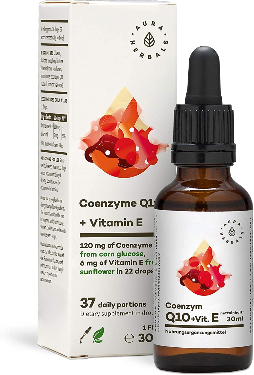 AURA HERBALS Coenzym Q10 Vitamin E Flüssig 30ml 900 Tropfen NATÜRLICHES PRODUKT 100% Vegan Antioxidativen Eigenschaften - Hohe Bioverfügbarkeit