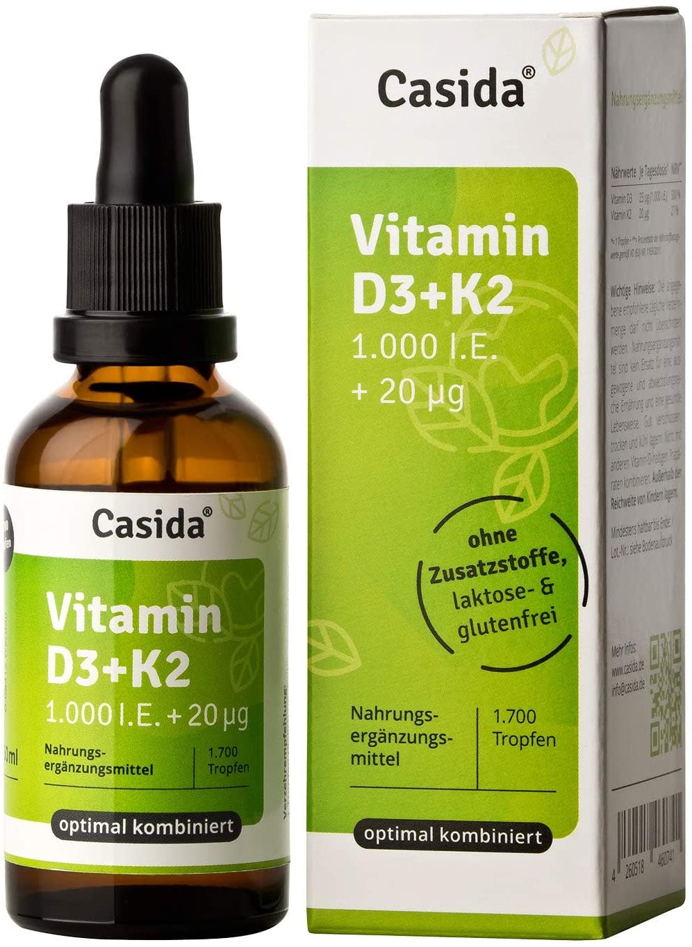 Produktbild von Casida Vitamin D3+K2 Tropfen Hoch bioverfügbar durch Original VitaMK7 99,7% All-Trans und Vitamin D3 (1000 IE) - flüssig und hochdosiert - Aus der Apotheke - 50 ml