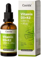 Produktbild von Casida Vitamin D3+K2 Tropfen Hoch bioverfügbar durch Original VitaMK7 99,7% All-Trans und Vitamin D3 (1000 IE) - flüssig und hochdosiert - Aus der Apotheke - 50 ml