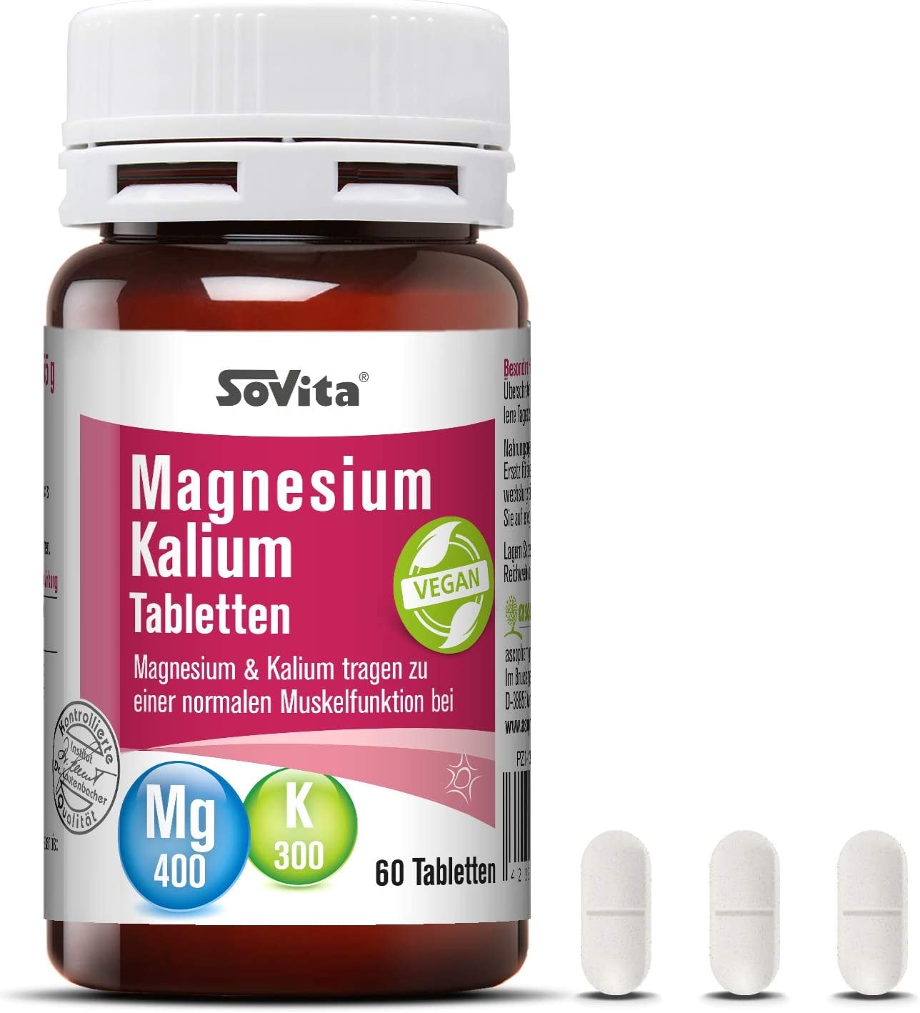 Produktbild von SoVita - Magnesium Kalium Tabletten | Magnesium & Kalium tragen zu einer normalen Muskelfunktion bei | Nahrungsergänzungsmittel | 60 Tabletten