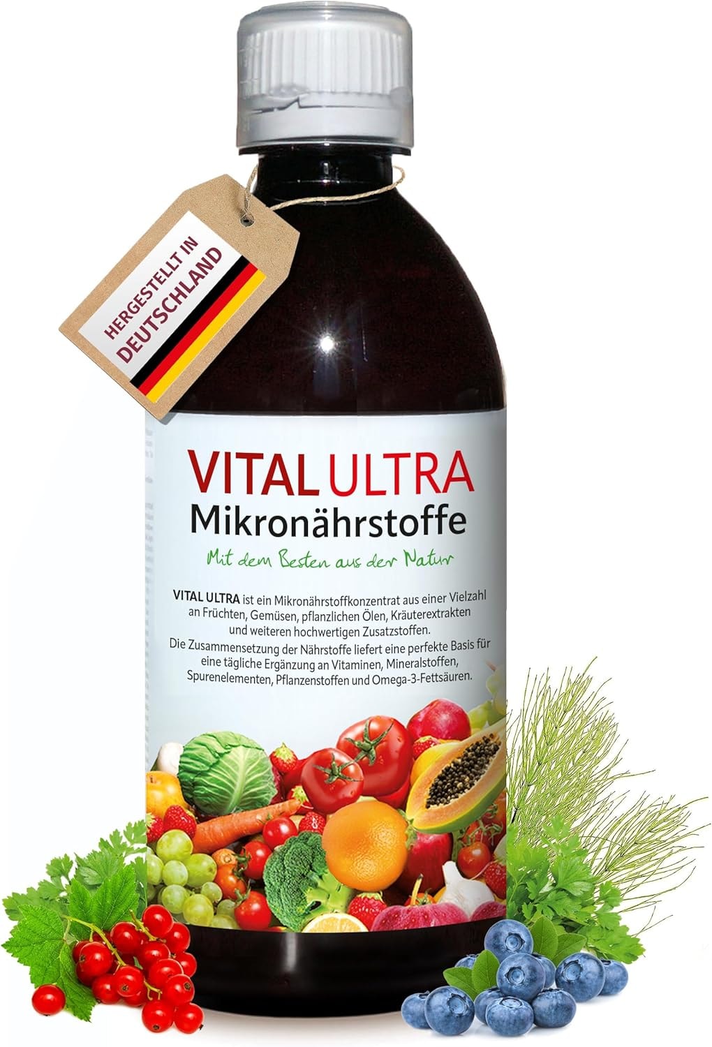 Produktbild von Bewertung Vital Ultra 480 ml Mikronährstoffkonzentrat mit Vitaminen, Mineralien, Spurenelementen, Pflanzenstoffen und Omega-3-Fettsäuren, flüssiges Lebensmittel aus über 70 Zutaten mit bis zu 60 Portionen