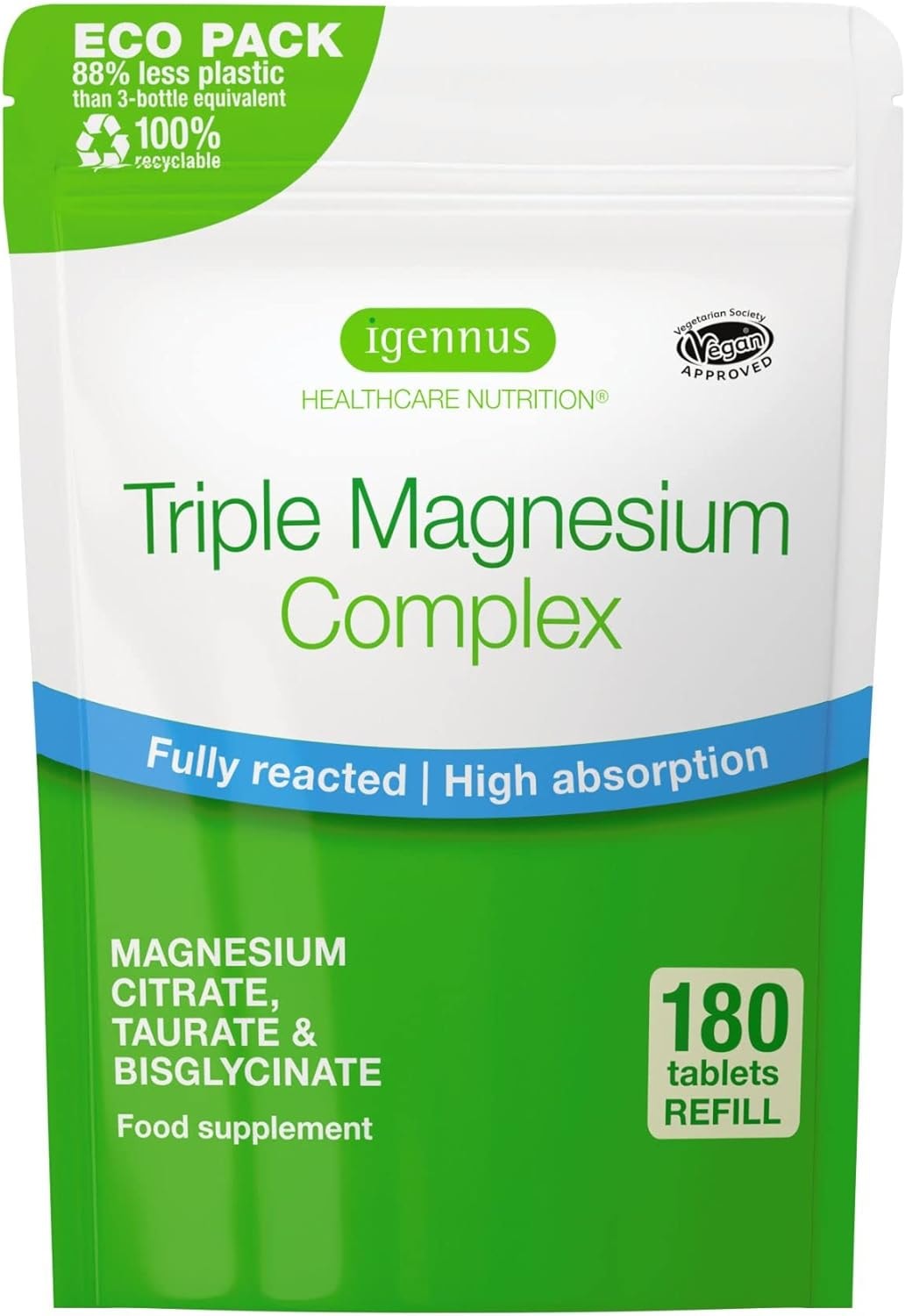 Produktbild von Bewertung Igennus Triple Magnesiumkomplex 3x hochwertiges Magnesiumglycinat Magnesiumtaurat Magnesiumcitrat magenfreundlich vegan 180 hypoallergene Tabletten