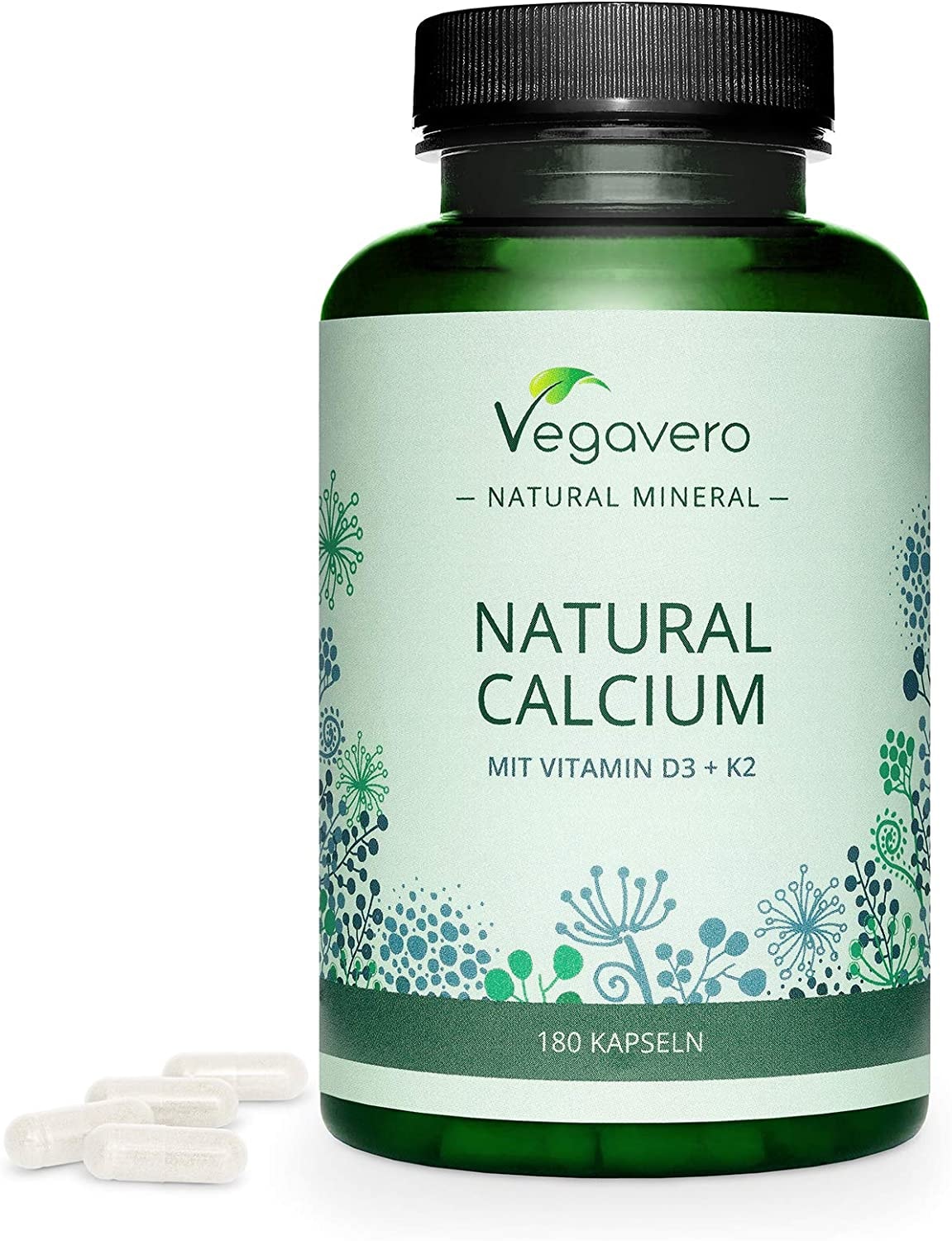 Produktbild von ‎Vegavero CALCIUM (Aquamin™) Vegavero 100% NATÜRLICH Mit Vitamin D3 (Vitashine™) und K2 (vitaMK7®) aus Europa | Für KNOCHEN* | Ohne Zusätze | 180 Kapseln | Vegan