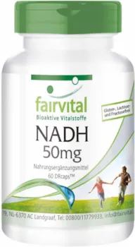 Produktbild von Bewertung fairvital NADH 50mg HOCHDOSIERT 60 Kapseln VEGAN Coenzym 1 für 2 Monate zeitverzögert in DRCaps™