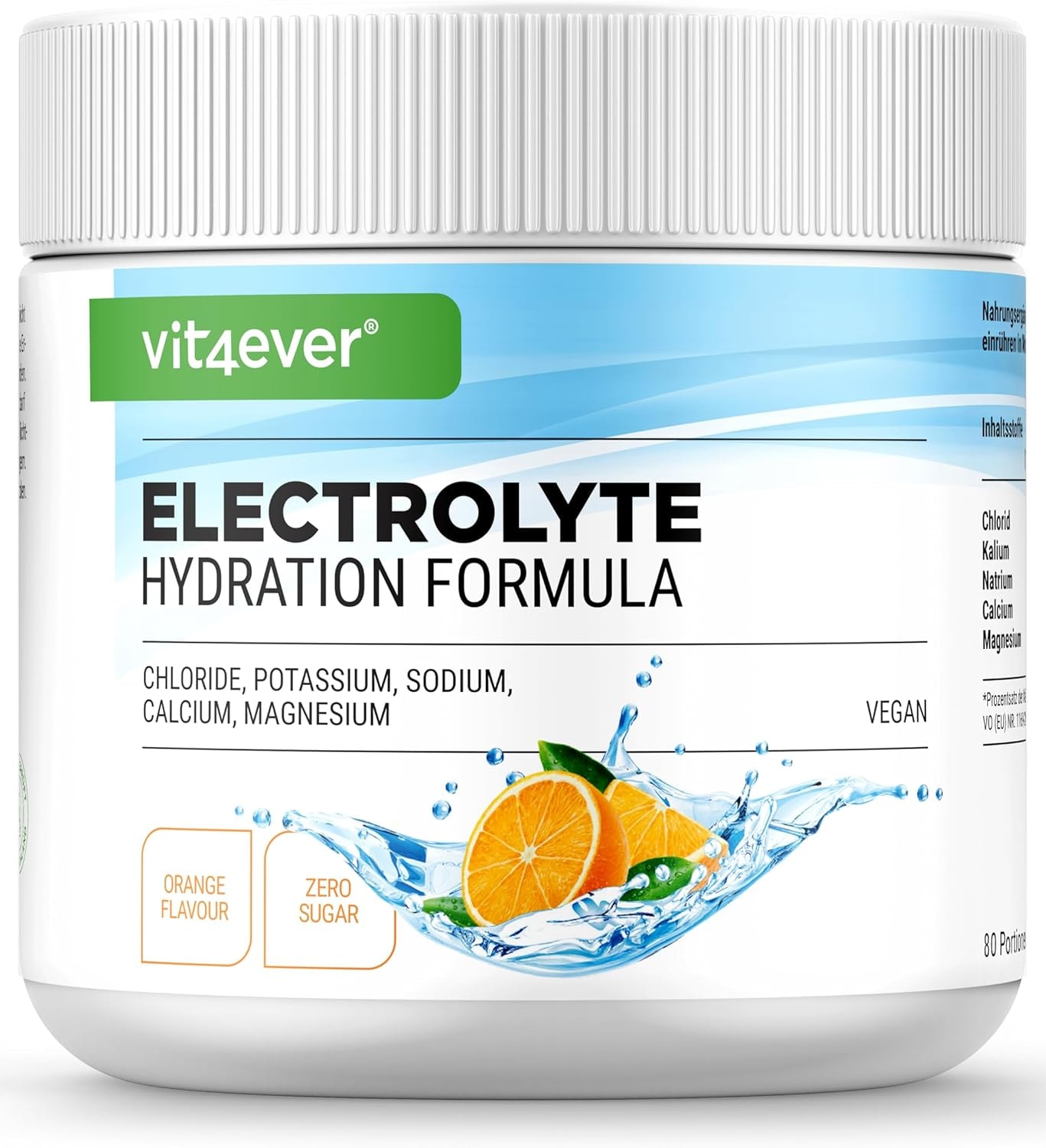 Produktbild von Bewertung vit4ever Elektrolyte 400 g 80 Portionen Hydration Formel mit Chlorid Kalium Natrium Calcium Magnesium ohne Zucker Vegan Orangen Geschmack