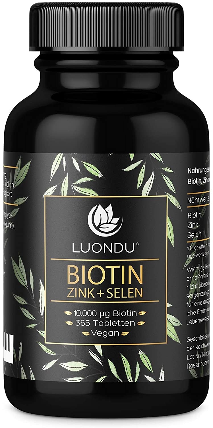 Produktbild von Luondu Biotin hochdosiert 10.000 mcg pro Tablette (365 vegane Tabletten für 1 Jahr) Angereichert mit Selen und Zink für Haarwachstum, Haut und Nägel I Ohne Zusätze, Herstellung in Deutschland
