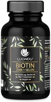 Produktbild von Luondu Biotin hochdosiert 10.000 mcg pro Tablette (365 vegane Tabletten für 1 Jahr) Angereichert mit Selen und Zink für Haarwachstum, Haut und Nägel I Ohne Zusätze, Herstellung in Deutschland