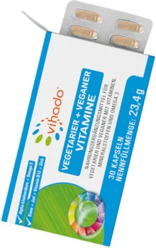 Produktbild von Vihado Veganer und Vegetarier Vitamine – enthält veganes Omega 3 aus Algen und Leinsamen – Nahrungsergänzungsmittel mit B12, Eisen, Zink und Jod – mit pflanzlicher Kapselhülle – 30 Kapseln