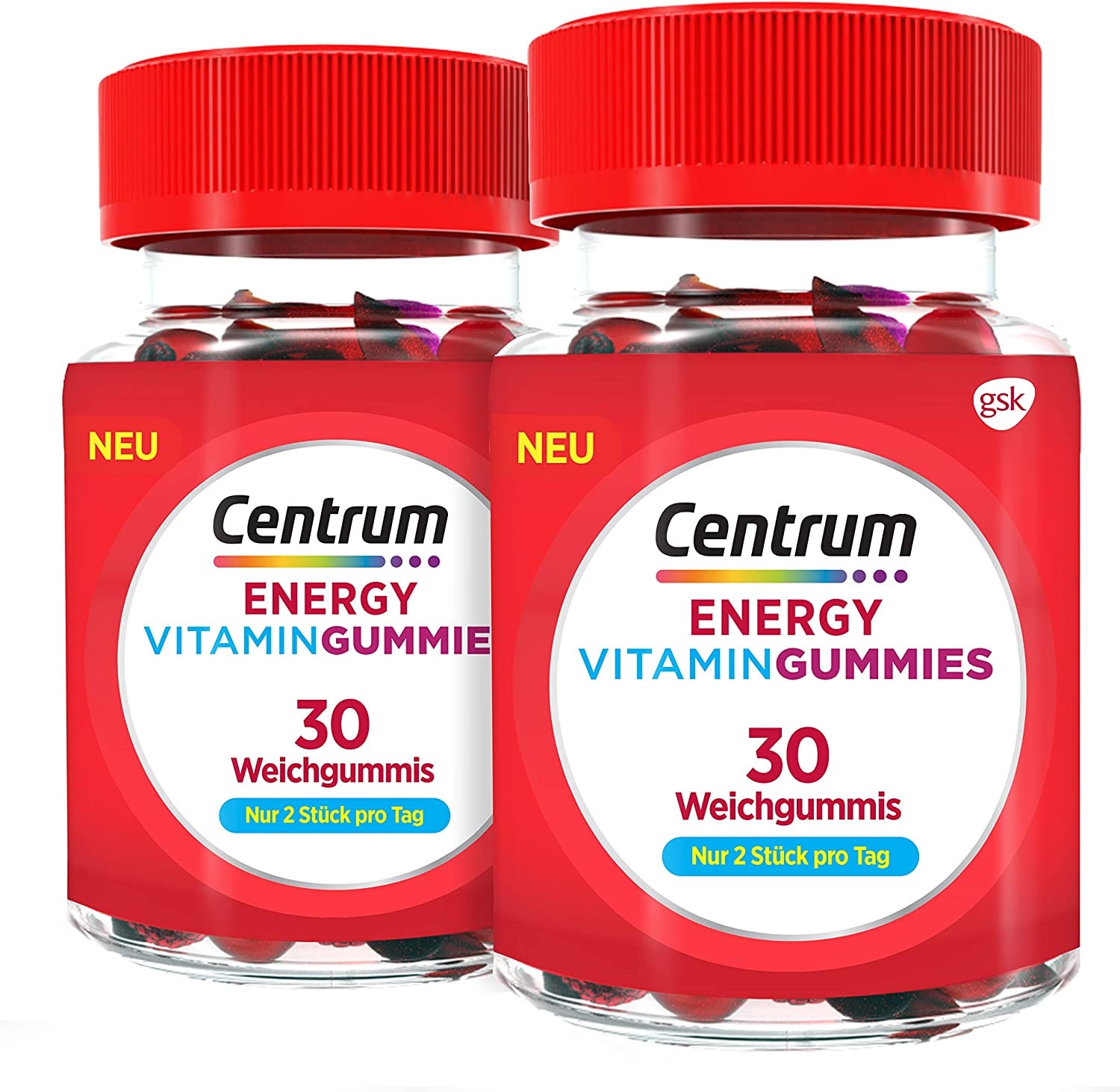 Produktbild von CENTRUM Vitamin Gummies ENERGY Multivitamin Weichgummis für Energie mit Vitamin B6 und B12, Packung mit 2x30 Gummies