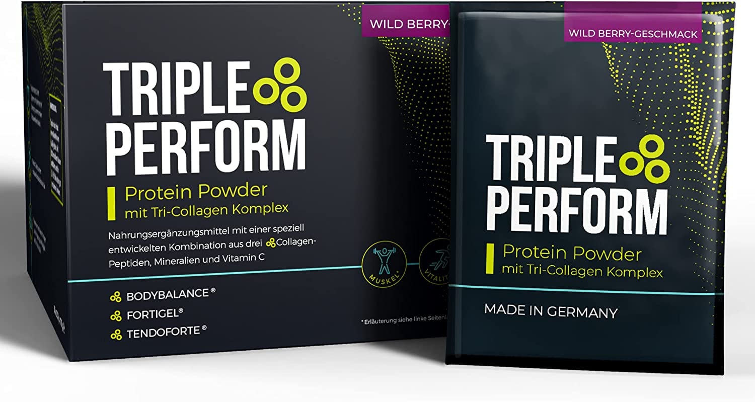 Produktbild von TRIPLE PERFORM Protein Collagen Pulver Das Original mit 3 patentierten Markencollagenen. 1-MONATSRATION Kollagen Pulver - Geschmack: Wild Berry