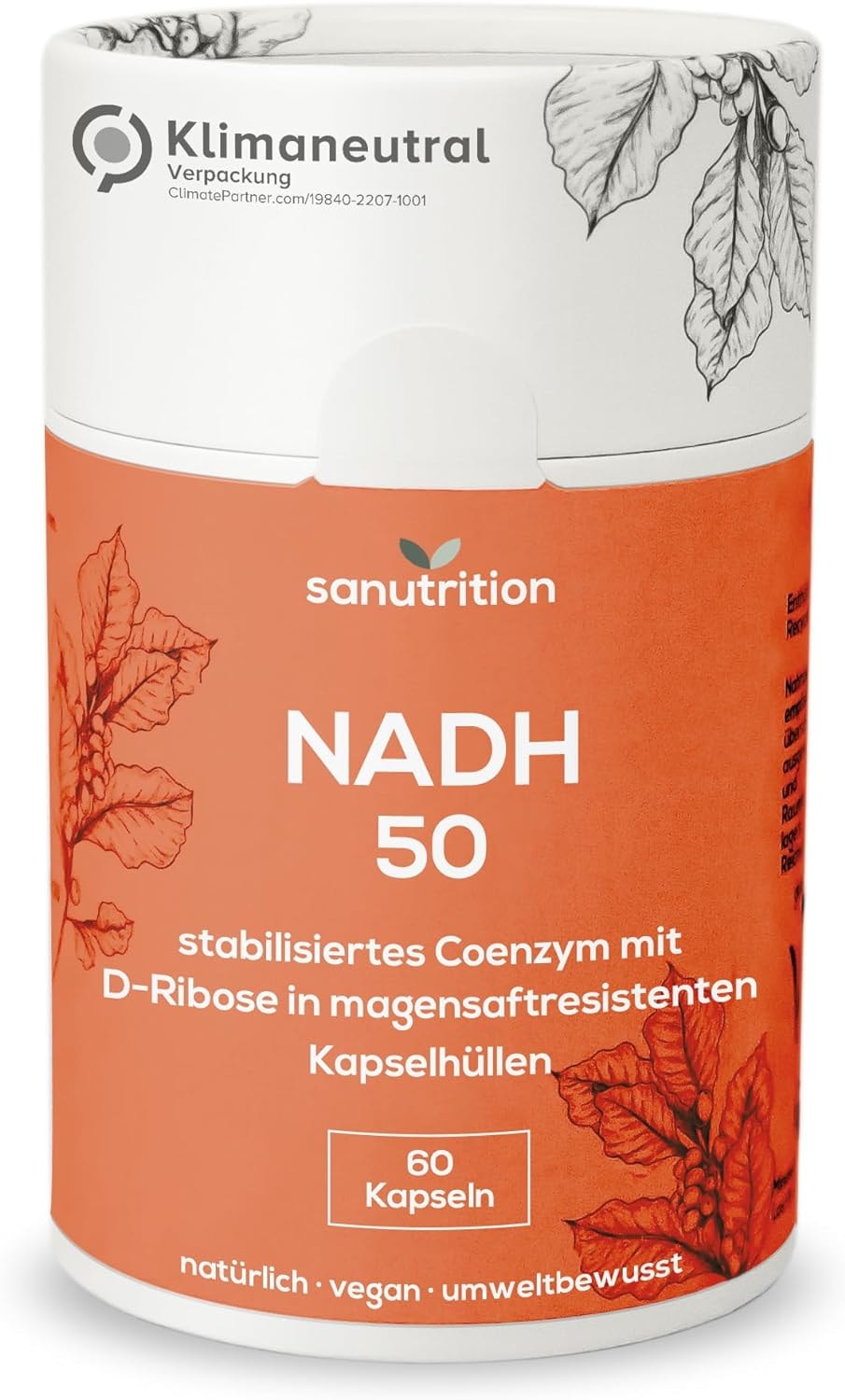 Produktbild von Bewertung sanutrition NADH stabilisiert 50mg 60 vegane magensaftresistente Kapseln hochdosiert mit zeitverzögerter Freisetzung