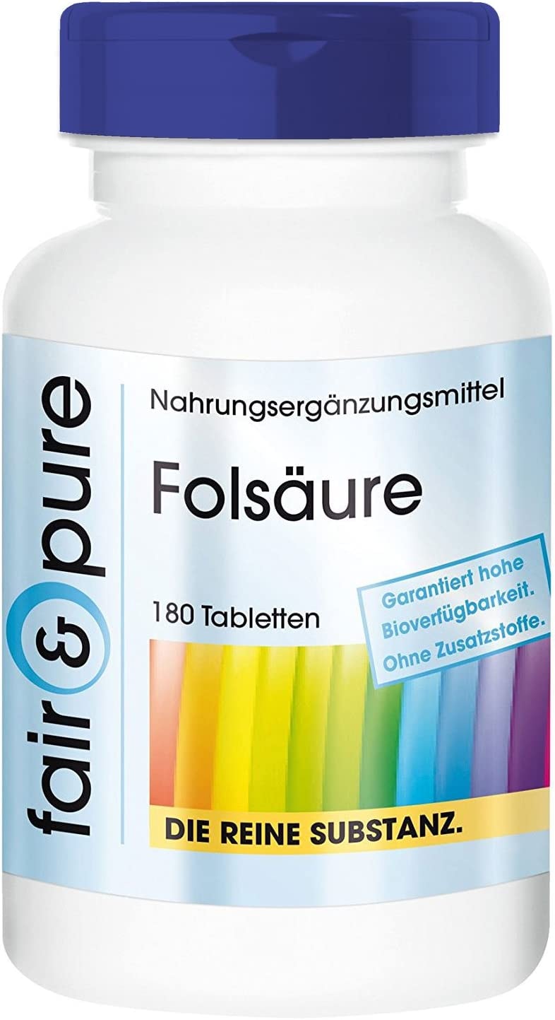 Produktbild von Fair & Pure - Folsäure Tabletten 800mcg - hochdosiert - vegan - ohne Magnesiumstearat - 180 Tabletten - Großpackung für 6 Monate