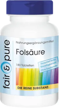 Produktbild von Fair & Pure - Folsäure Tabletten 800mcg - hochdosiert - vegan - ohne Magnesiumstearat - 180 Tabletten - Großpackung für 6 Monate