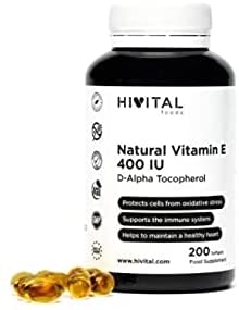 Produktbild von Hivital Foods Natürliches Vitamin E 400 IE IU | 200 Softgel-Kapseln (Vorrat für mehr als 6 Monate) | Starker Antioxidant, Antiaging, schützt vor freien Radikalen und gesundheit von Haut und Haaren zu verbessern